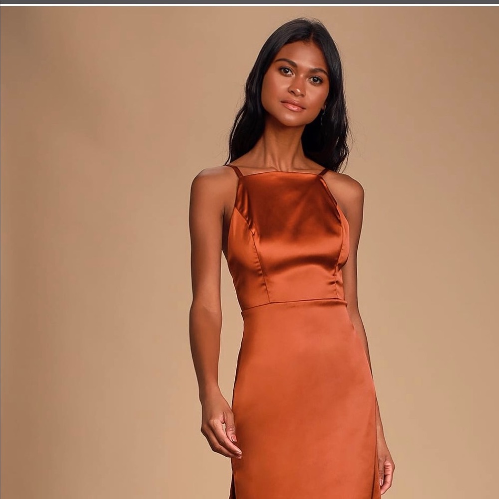 Lulus burnt orange/rust satin dress. Never worn still with tags on!